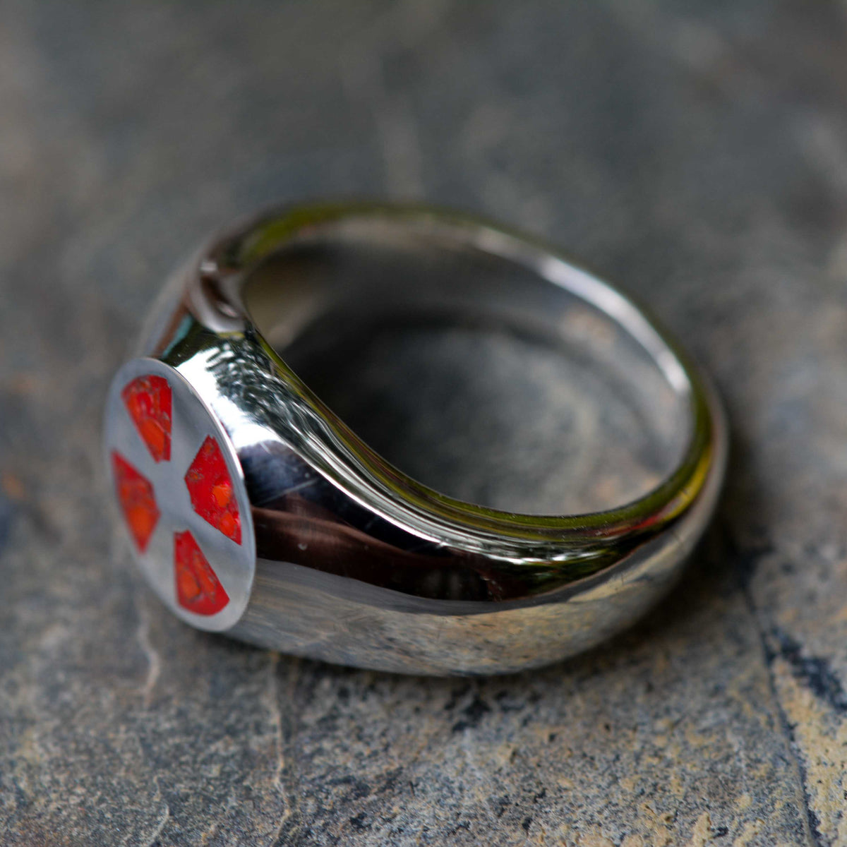 Bold Silver Signet Ring with Red Irish Cross and Coral Inlay ***SPECIAL OFFER*** - Nine Amulets 